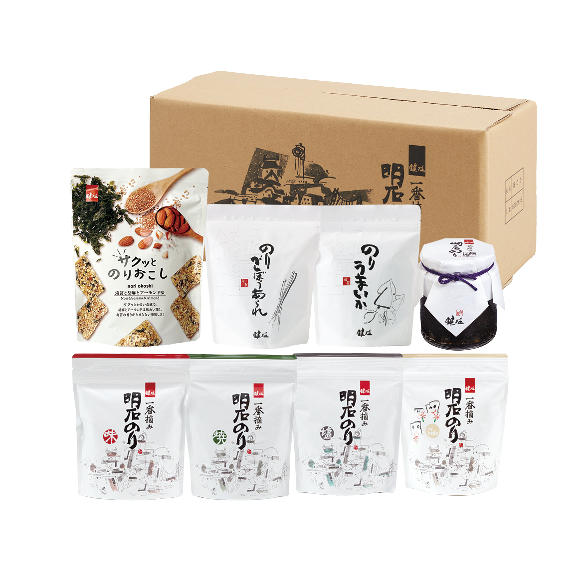「一番摘み 明石のり」食べ比べセット大の詰め合わせ商品と箱の写真