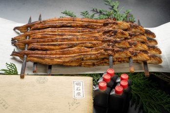 包装紙の上に広げられた炭焼き穴子(明石産)ご家庭用3串